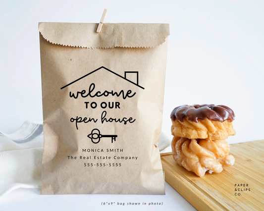 Welcome to Our Open House Personalized Real Estate Treat Bags, Marketing Branding Bags for Real Estate Agents, Kraft brown bags