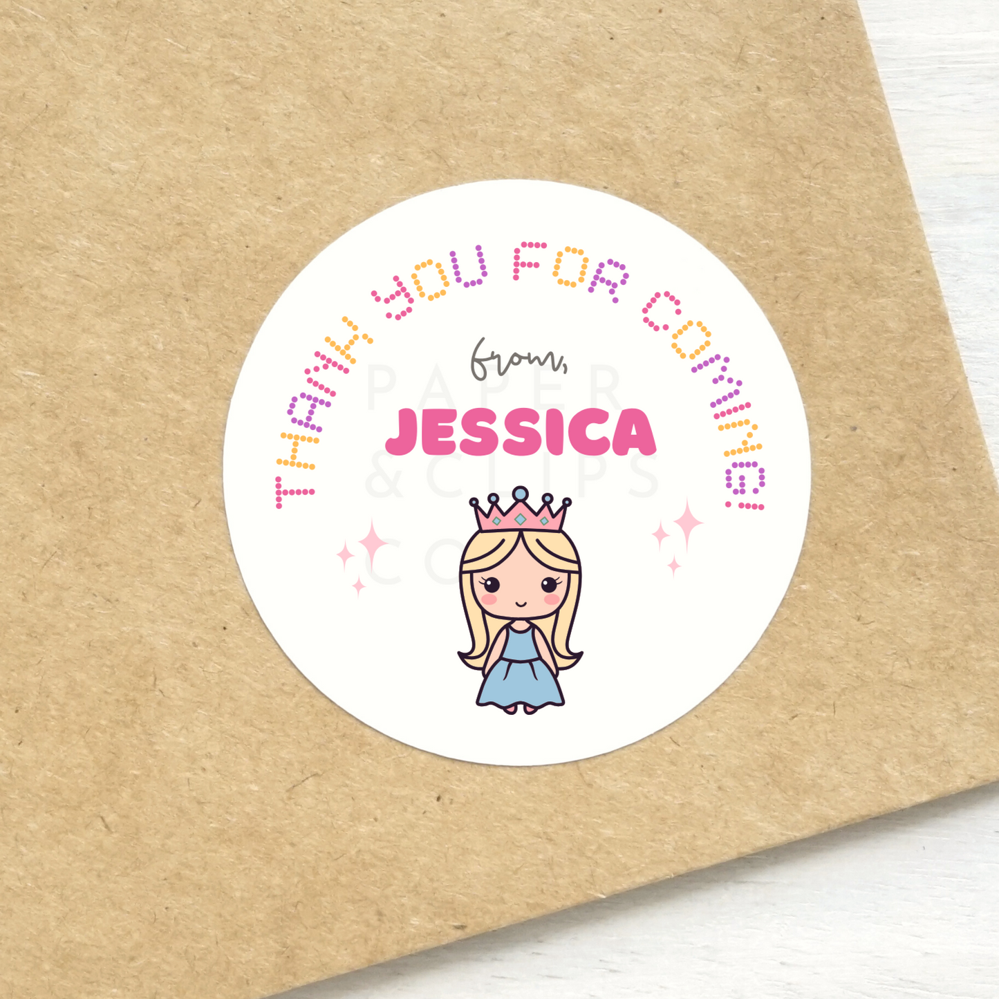 Personalized princess stickers, great for baby showers, birthday parties, thank you stickers, and more. Available with personalized name in 1.5 or 2 inches white matte stickers.