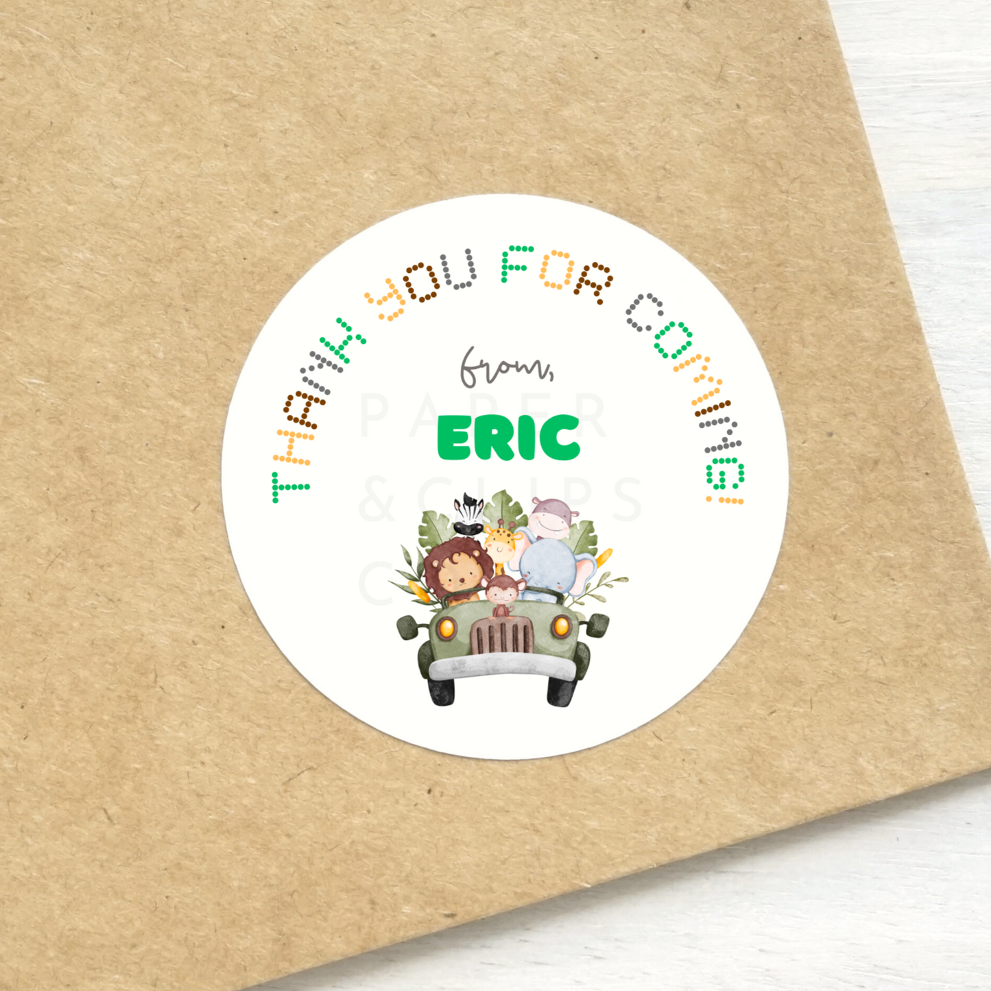 Personalized birthday stickers for safari animal theme birthday parties. Personalized name with Thank You for Coming! Available in 1.5 and 2 inches printed on white matte sticker paper. Shipped from Toronto.