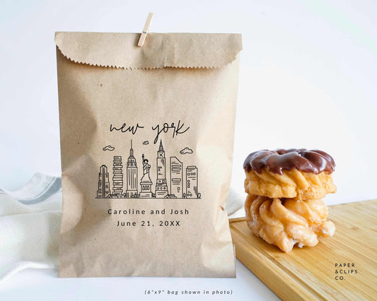 Laser printed New York skyline with personalized name and/or message. These durable paper bags make great party packaging, adding a nice touch to your special event. They're perfect for wedding favor bags, thank you favors, candy bags, coffee bags, treat bags and much more!