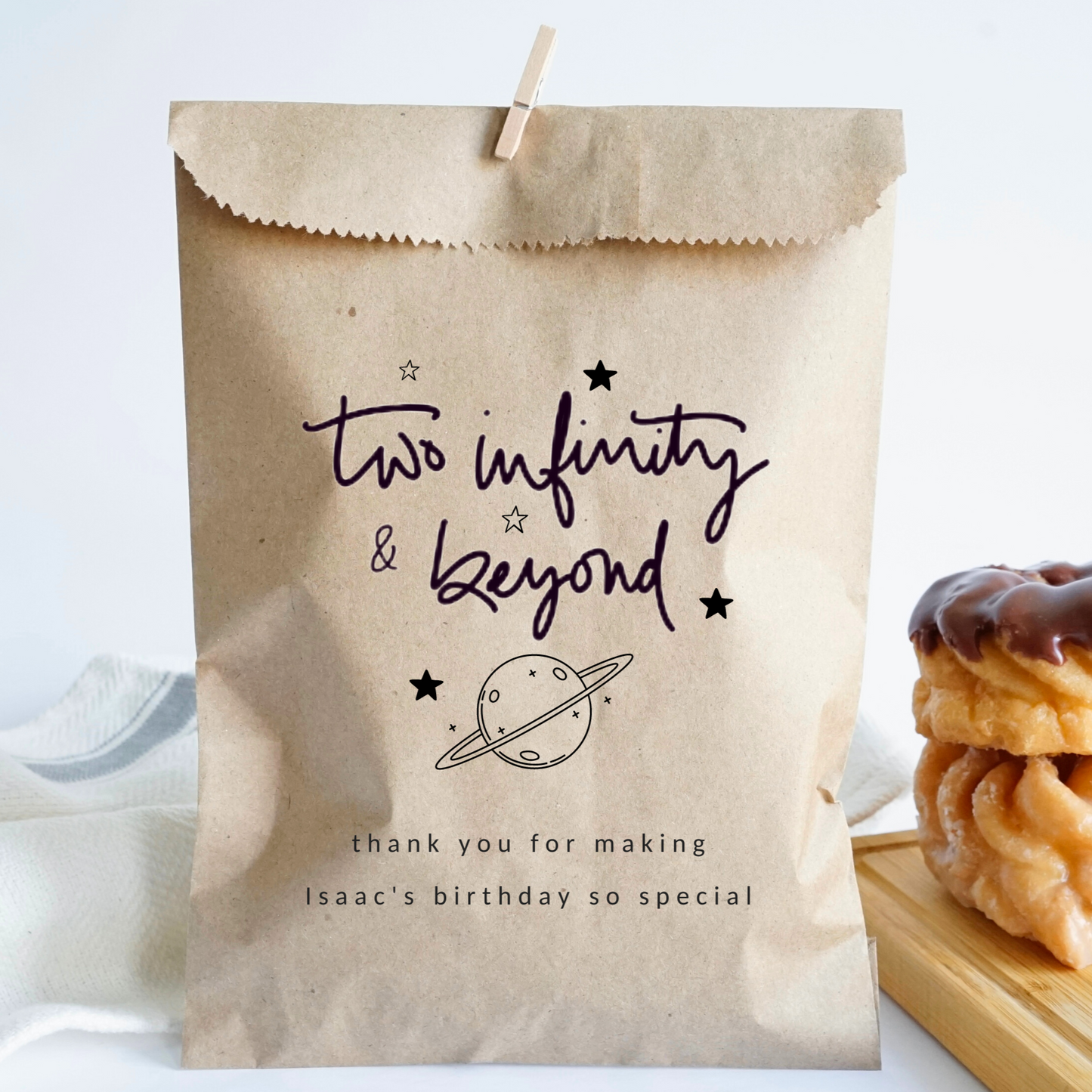 Personalized paper favor bag, with laser printed "two infinity and beyond" and custom names, date and/or message. These durable paper bags make great party packaging, adding a nice touch to your special event. Perfect for celebrating your special one turning TWO, who loves space and NASA! Use them as favor bags, thank you favors, candy bags, coffee bags, or treat bags!