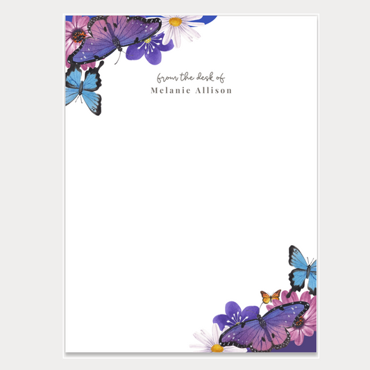 Personalized notepads with a minimalist butterfly design. Notepads are available in two sizes with 48 pages per notepad. Wrapped in cellophane gift wrap - ready to be gifted! Great for teachers, boss, friend, or anyone (really)!