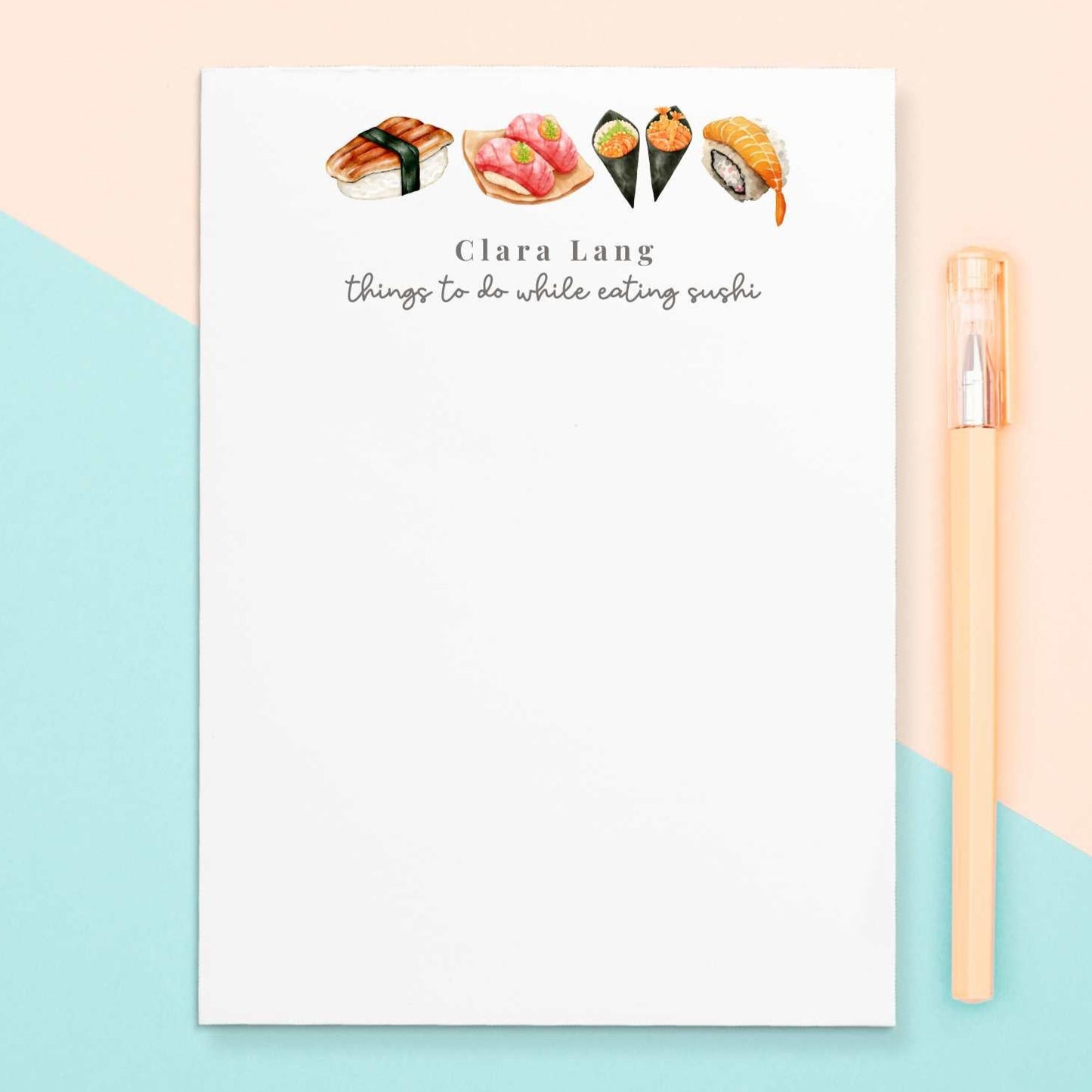 Give a thoughtful and useful gift for a Sushi lover to stay organized and productive. Personalized notepads are exactly the gift they’d love. Notepads are available in two sizes with 48 pages per notepad. Wrapped in cellophane gift wrap - ready to be gifted!
