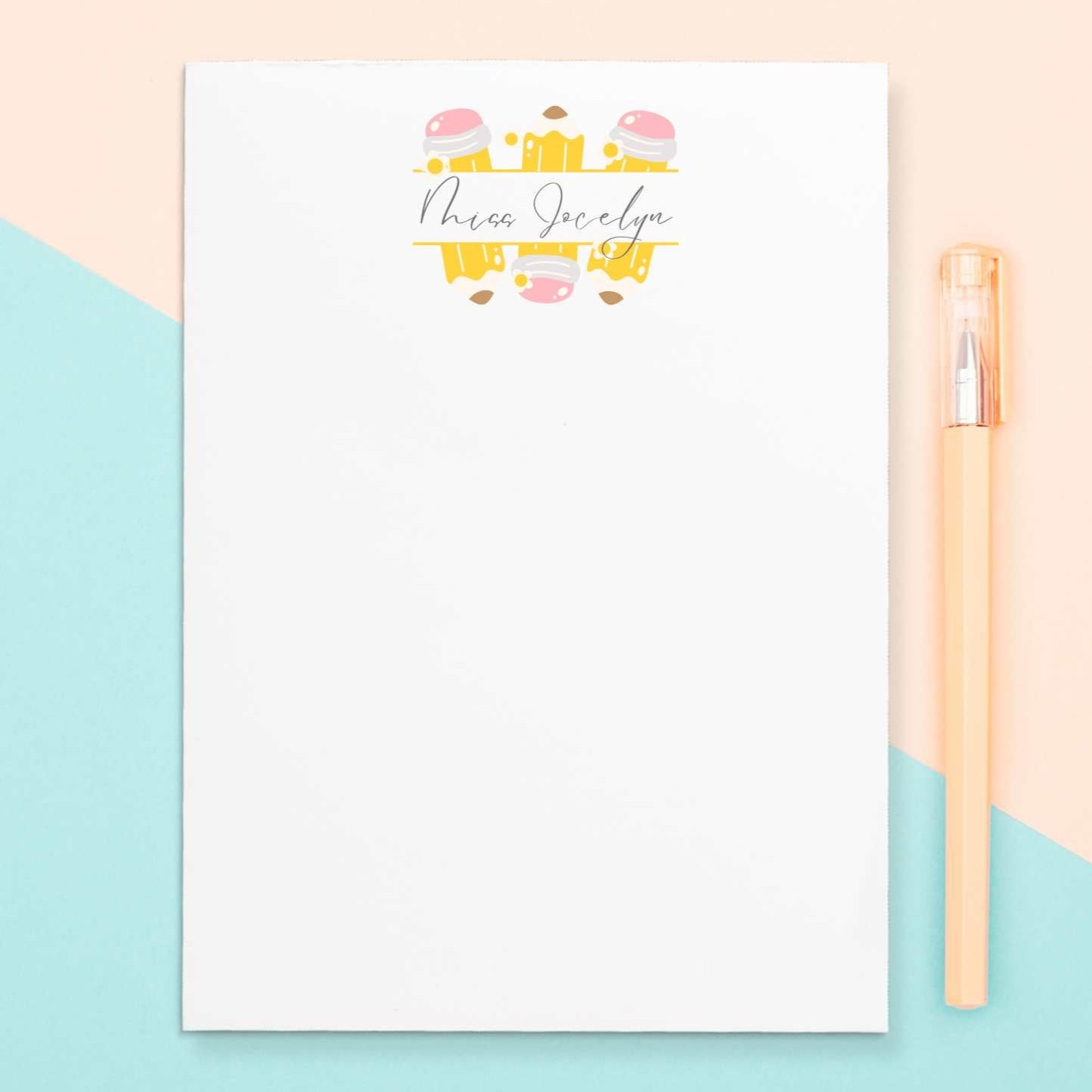 Personalized teacher notepads with recipient's name. Notepads are available in two sizes with 48 pages per notepad. Wrapped in cellophane gift wrap - ready to be gifted!