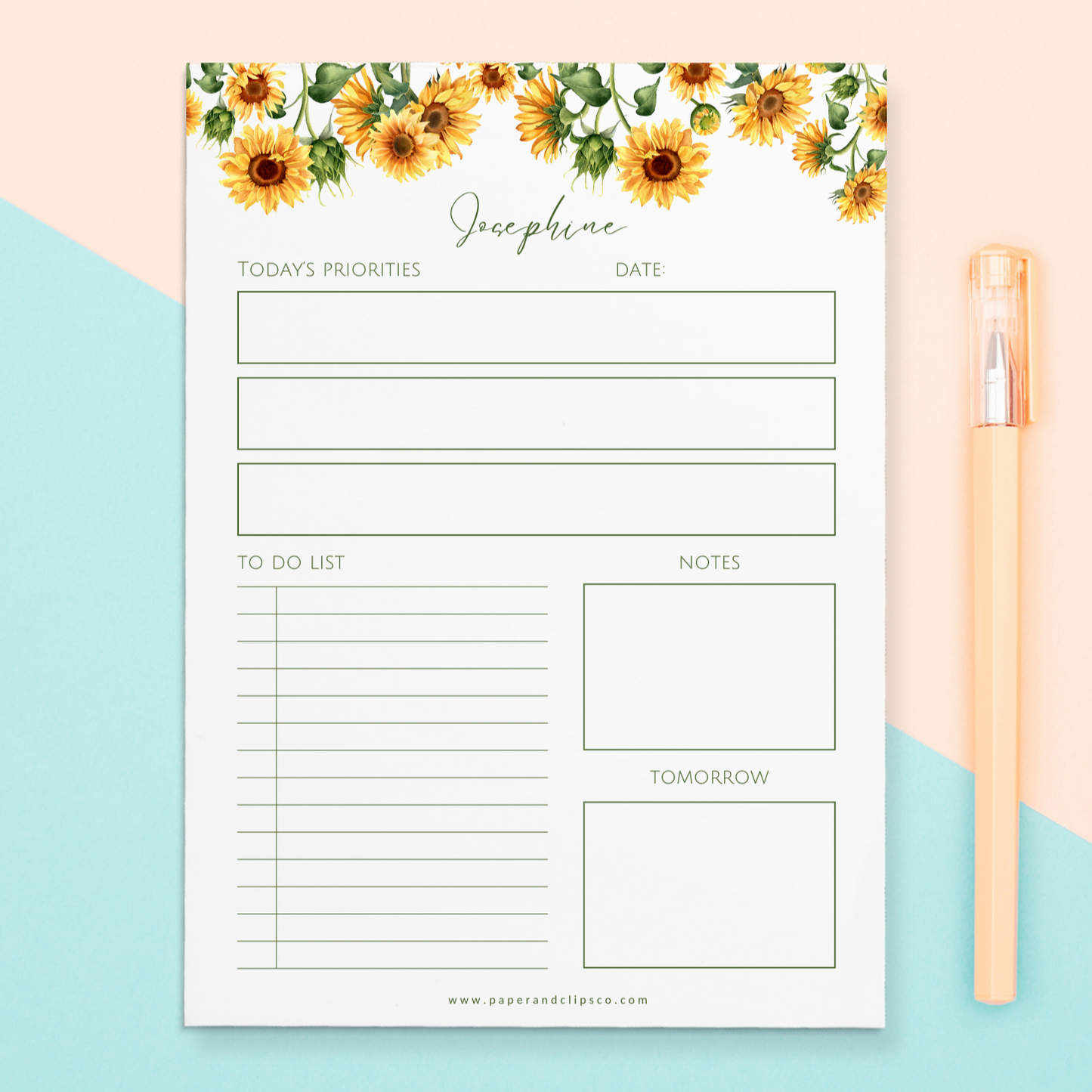 Give a thoughtful and useful gift a girlfriend, partner, best friend, employee, teacher or just anyone (really) would love to receive. Personalized daily planner notepads are exactly the gift they’d love to stay organized and productive. Each notepad is customized with the recipient's name to match the beautiful sunflower watercolor floral banner above.