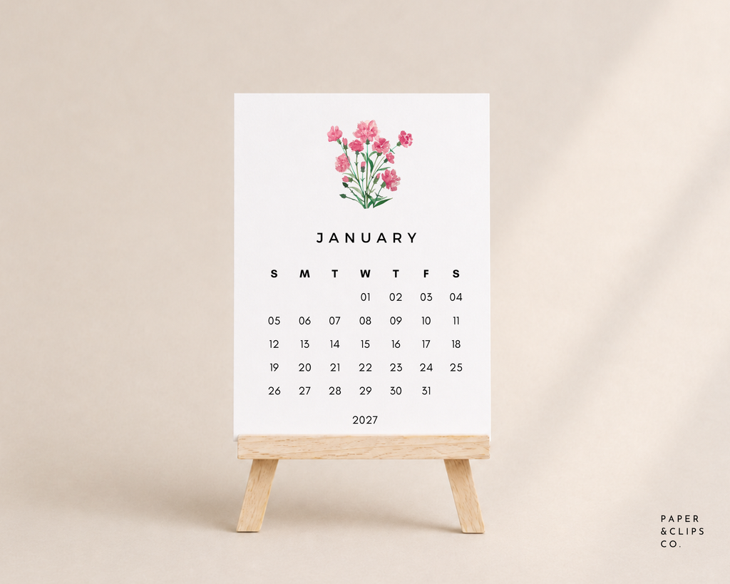 2027 floral desk calendar with wooden easel and watercolor flowers.