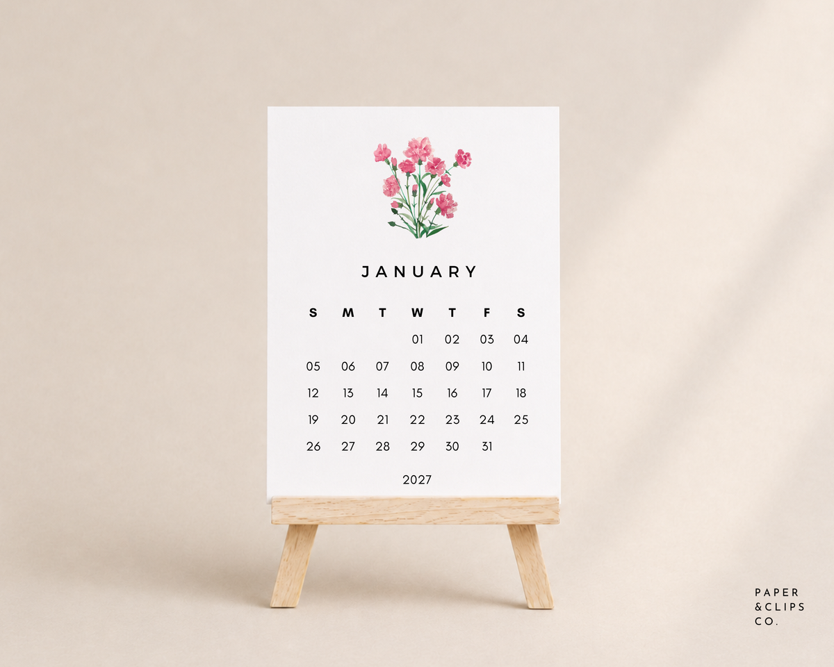 2027 floral desk calendar with wooden easel and watercolor flowers.