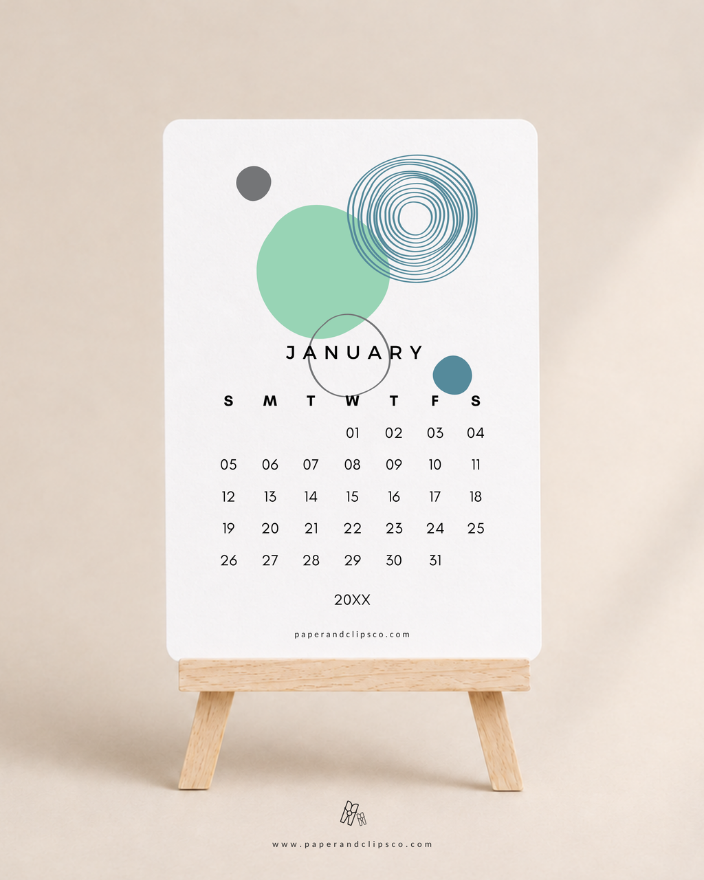 2027 Abstract Calendar Cards on a wooden easel. Perfect for the desk decor of an artist and abstract lover.