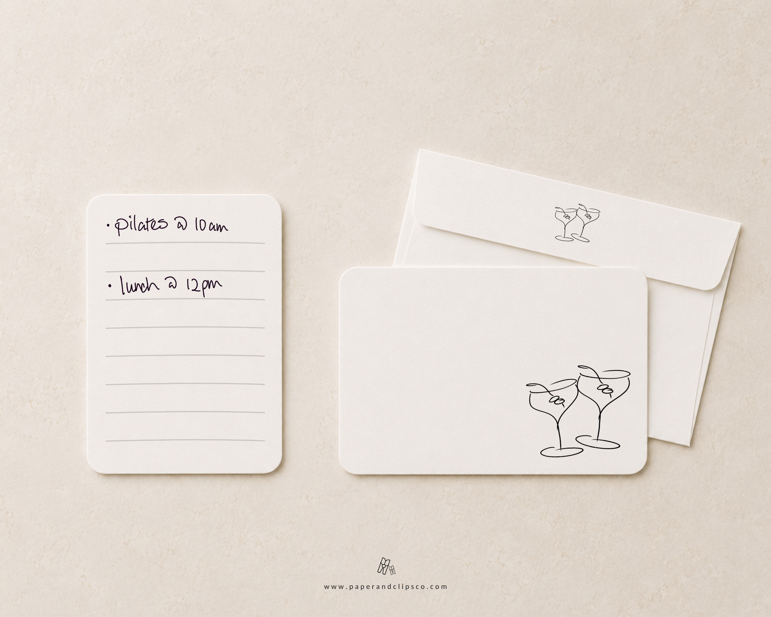 Cocktail stationery set featuring hand drawn martini glasses and coordinating envelopes