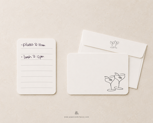 Cocktail stationery set featuring hand drawn martini glasses and coordinating envelopes