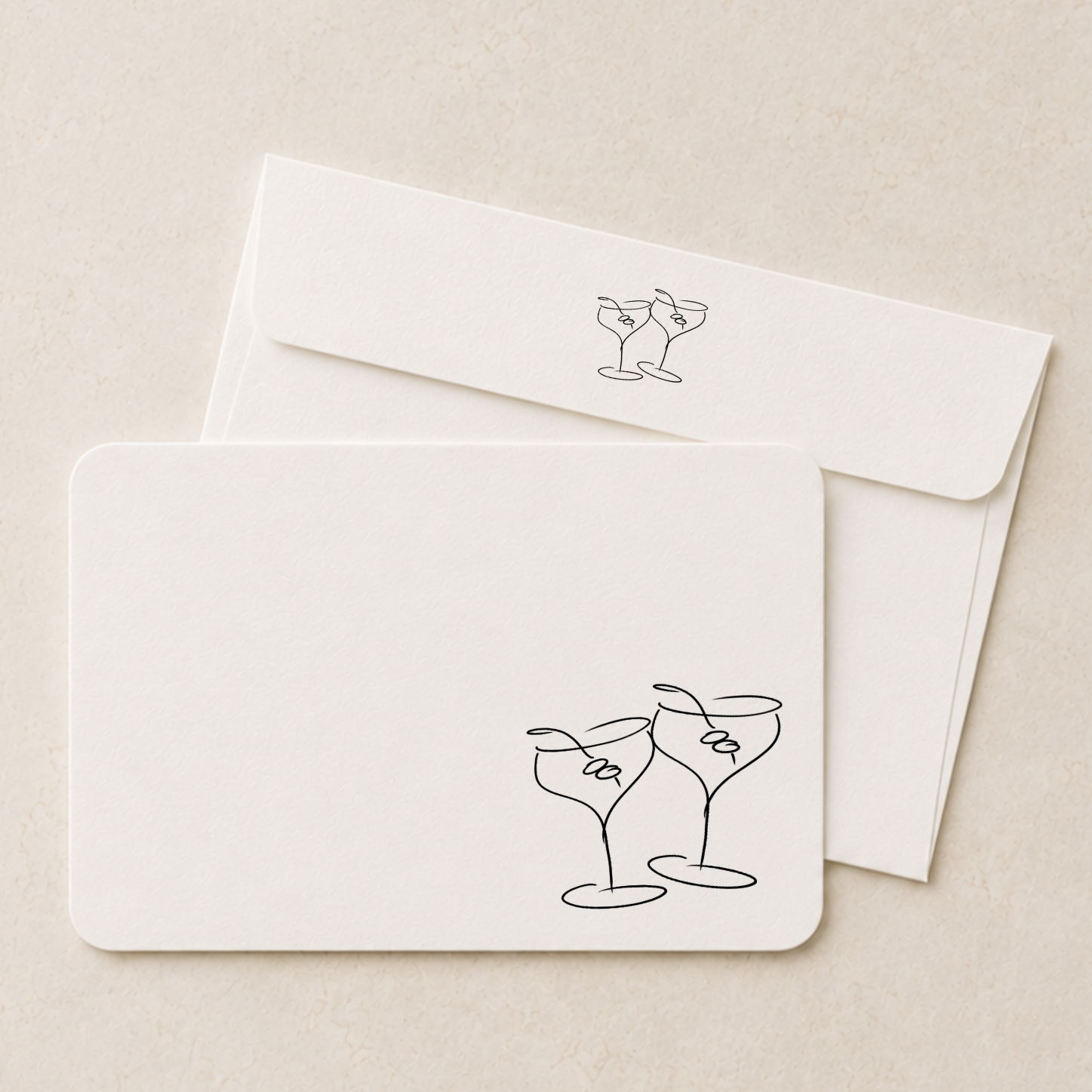 Cocktail stationery set featuring hand drawn martini glasses and coordinating envelopes