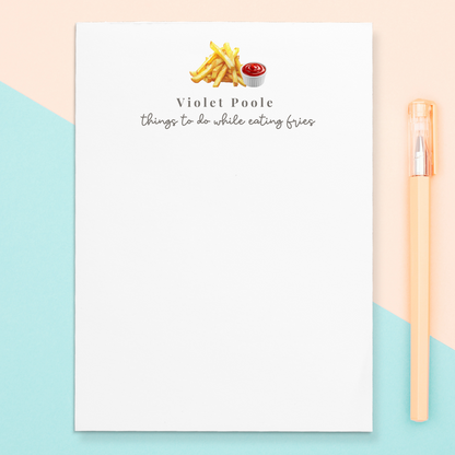 Cute minimal notepad with fries illustration and ‘Things To Do While Eating Fries’ text