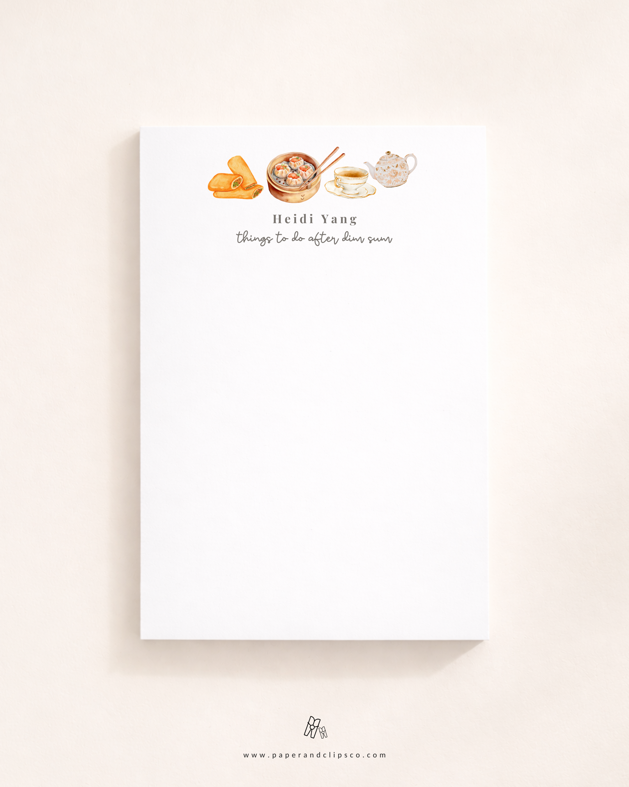 Personalized dim sum notepad with custom name and watercolor dumpling, spring roll and tea illustrations on white paper.