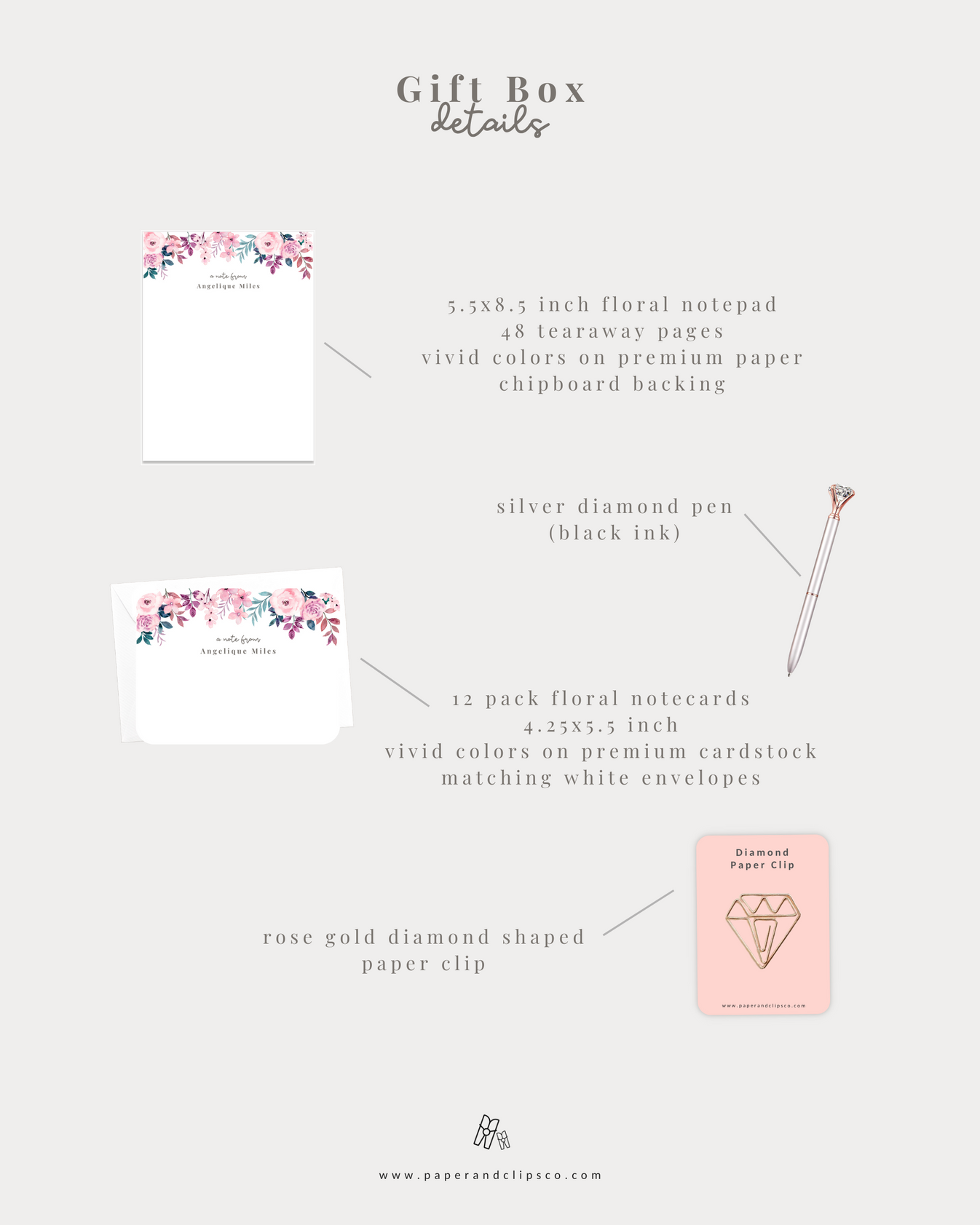 Pink Floral Stationery Gift Set Paper and Clips Co.