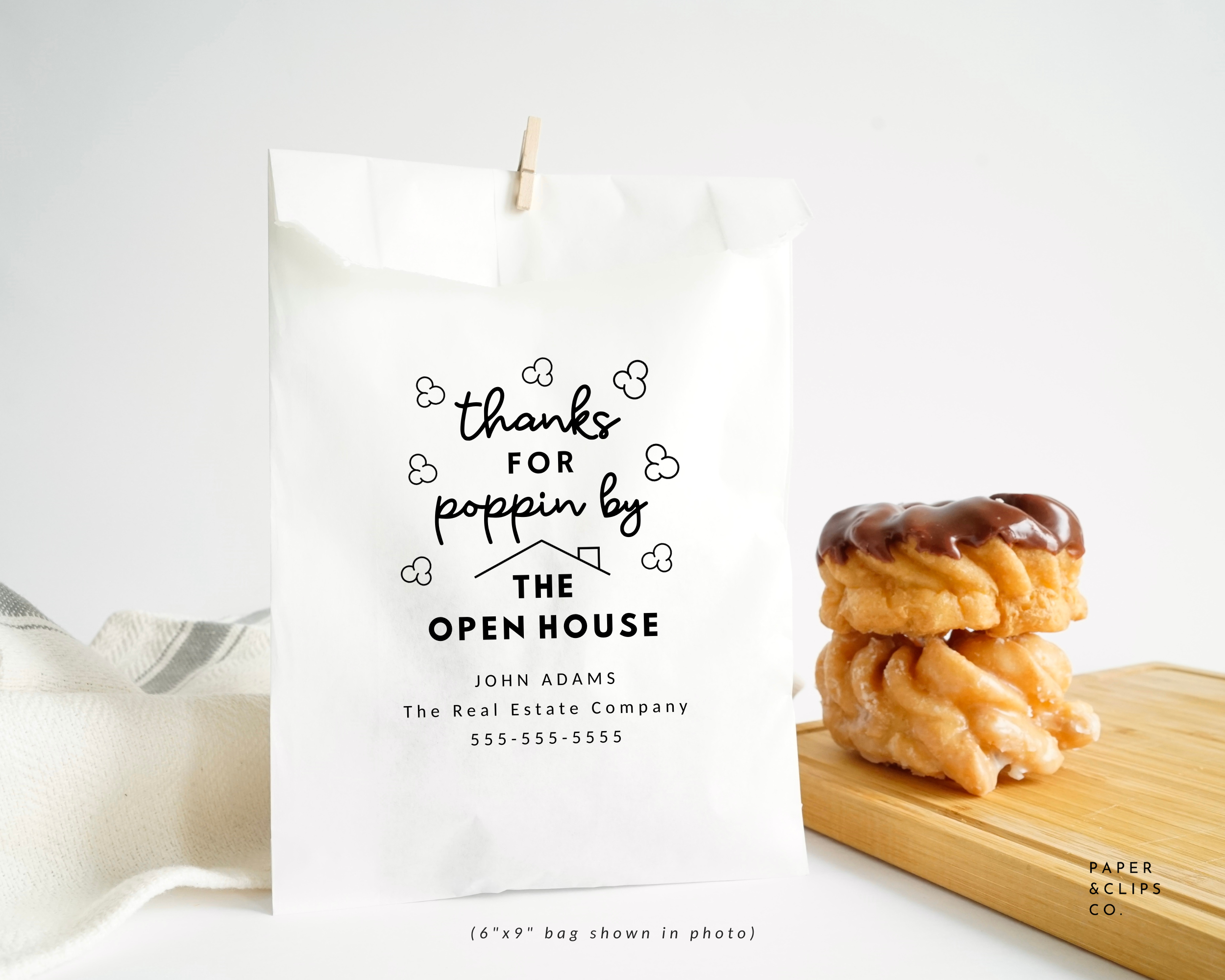 Thanks for Popping By The Open House Real Estate Marketing Popcorn Bags, Personalized bags for company branding