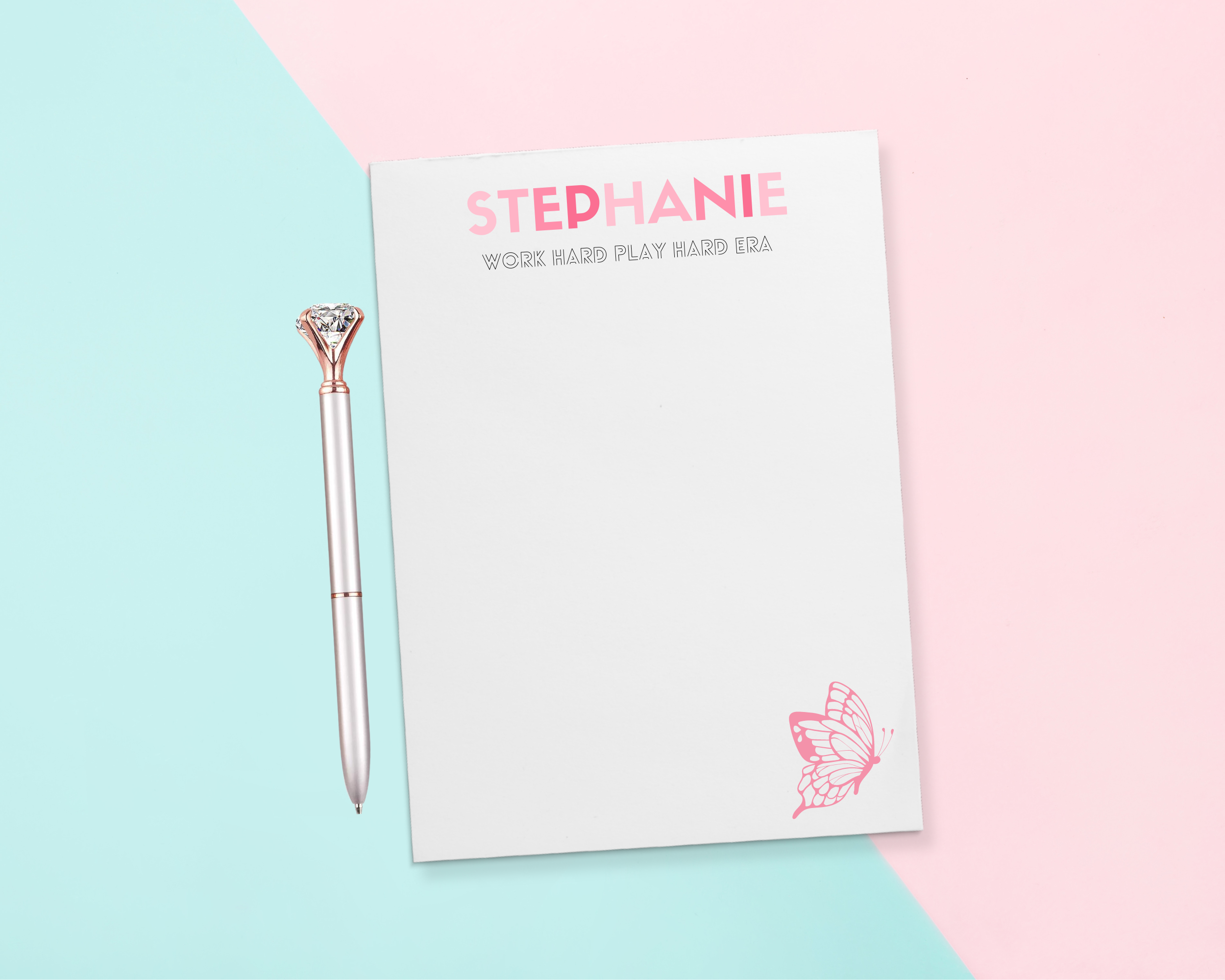 We all know that person who loves Pop culture! Give a thoughtful and useful gift for someone to stay organized. Personalized notepads are exactly the gift they’d love. Choose the color combination for the recipient's name and custom slogan below - such as "Work Hard Play Hard Era".