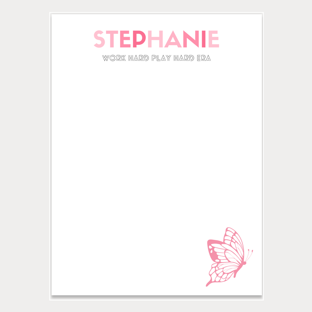 We all know that person who loves Pop culture! Give a thoughtful and useful gift for someone to stay organized. Personalized notepads are exactly the gift they’d love. Choose the color combination for the recipient's name and custom slogan below - such as "Work Hard Play Hard Era".
