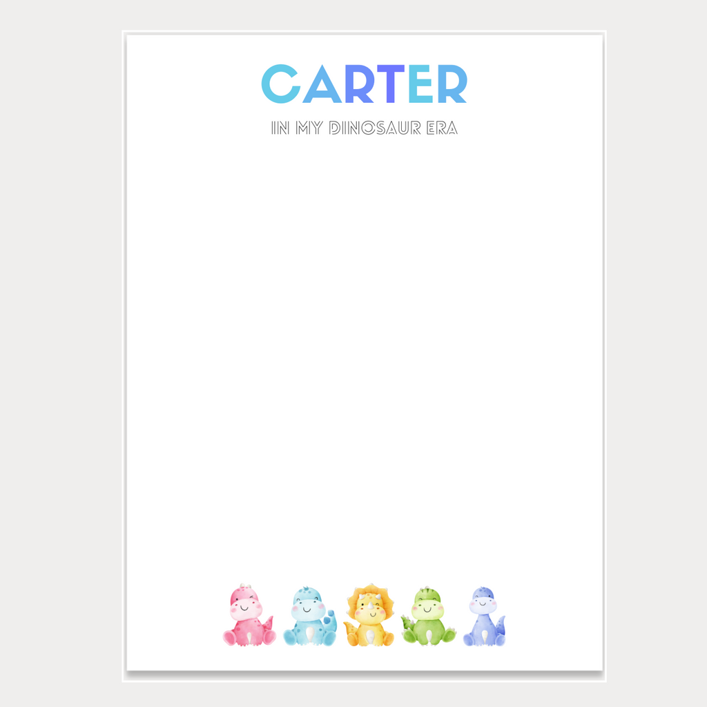 Give a thoughtful and useful gift for a little kid who loves dinosaurs and also loves drawing or writing. Personalized notepads are exactly the gift they’d love. Choose the color combination for the recipient's name and custom slogan below - such as "in my dinosaur era".