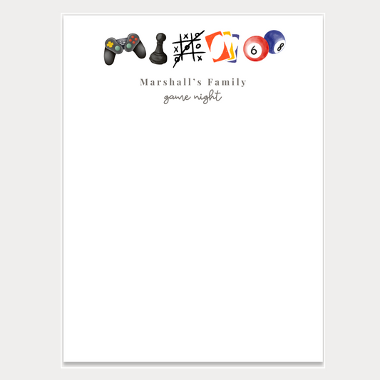 Give a thoughtful and useful gift a a family who loves game nights would love to receive. Personalized notepads are exactly the gift they’d love. Personalized notepads are exactly the gift they’d love. Notepads are available in two sizes with 48 pages per notepad. Wrapped in cellophane gift wrap - ready to be gifted! 