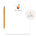 Teacher appreciation notepads. 12 image choices to select from. Bumblebee with Book. Available in 4.25x5.5 and 5.5x8.5 inches. Packaged in cellophane - perfect for gifting!