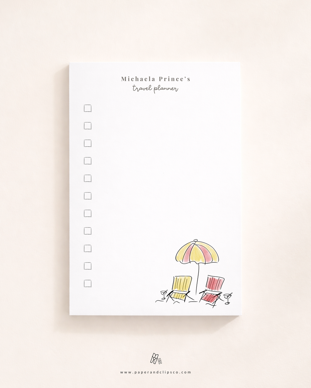 Personalized travel planner notepad with custom name, minimalist beach chair illustration, and checklist layout for vacation planning.