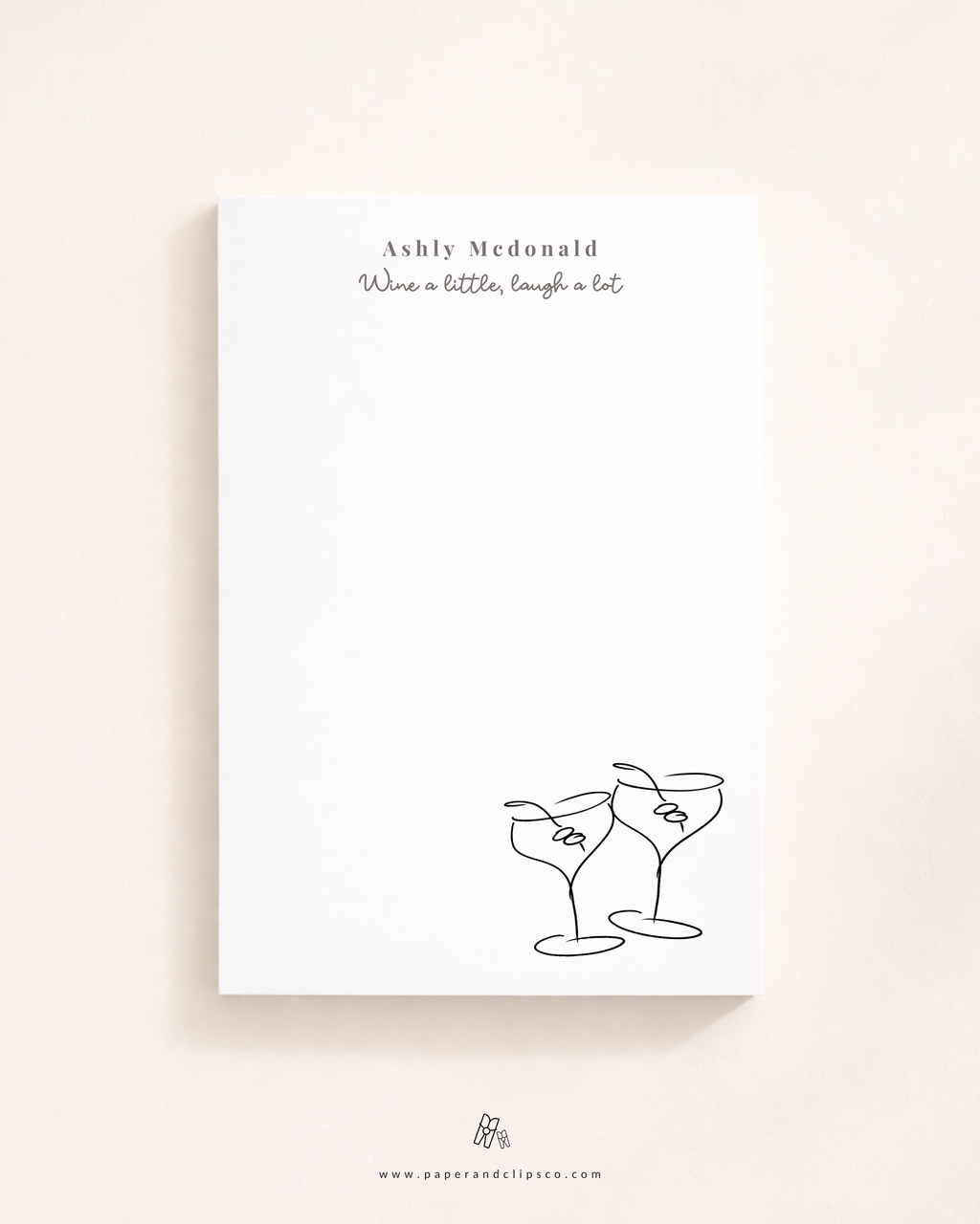 Personalized wine lover notepad with custom name and hand-drawn wine glass illustration