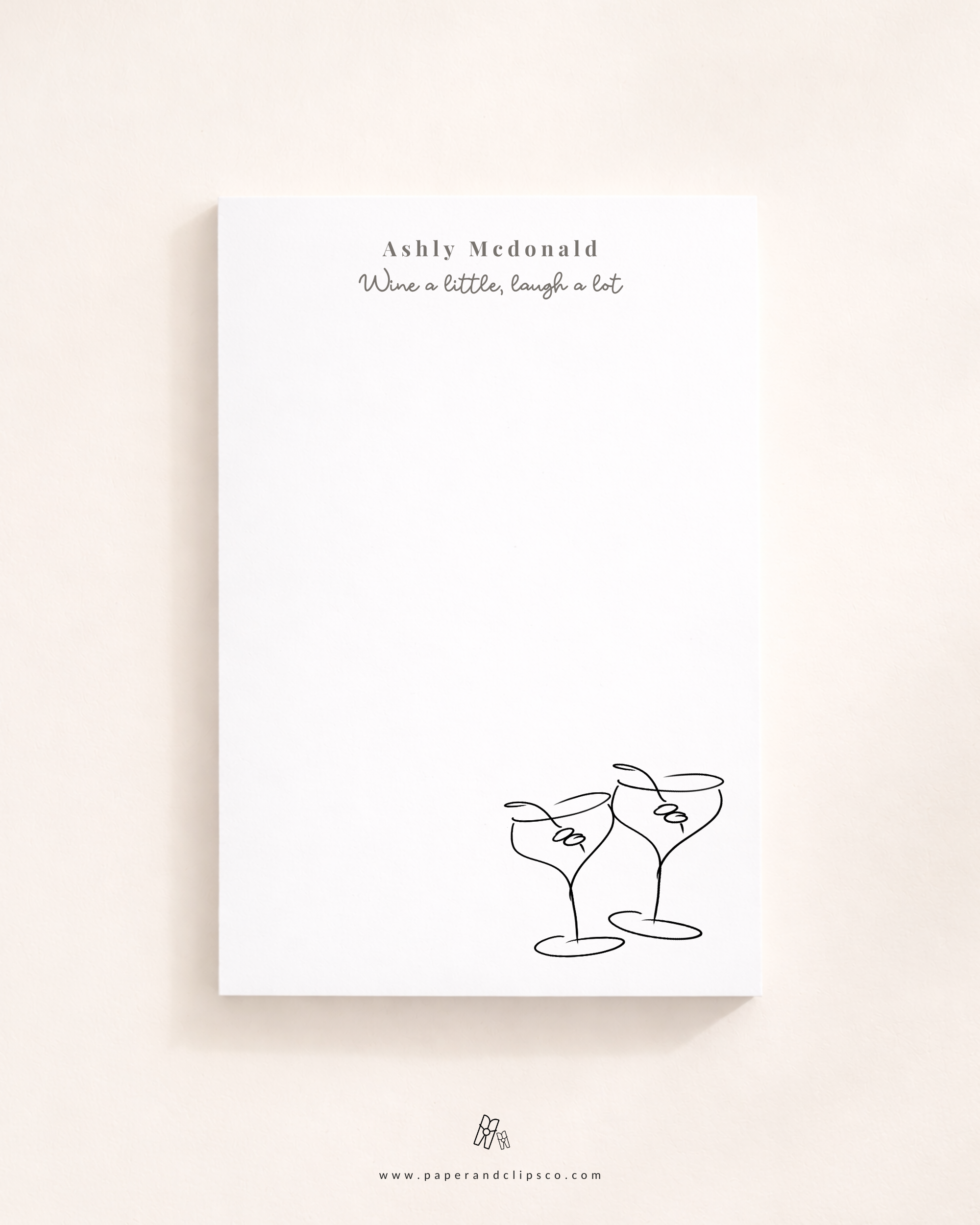 Personalized wine lover notepad with custom name and hand-drawn wine glass illustration