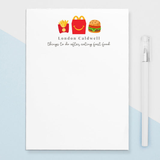 Give a thoughtful and useful gift for someone who loves fast food, especially McDonald's and needs to stay organized. Personalized notepads are exactly the gift they’d love. Notepads are available in two sizes with 48 pages per notepad. Wrapped in cellophane gift wrap - ready to be gifted! 