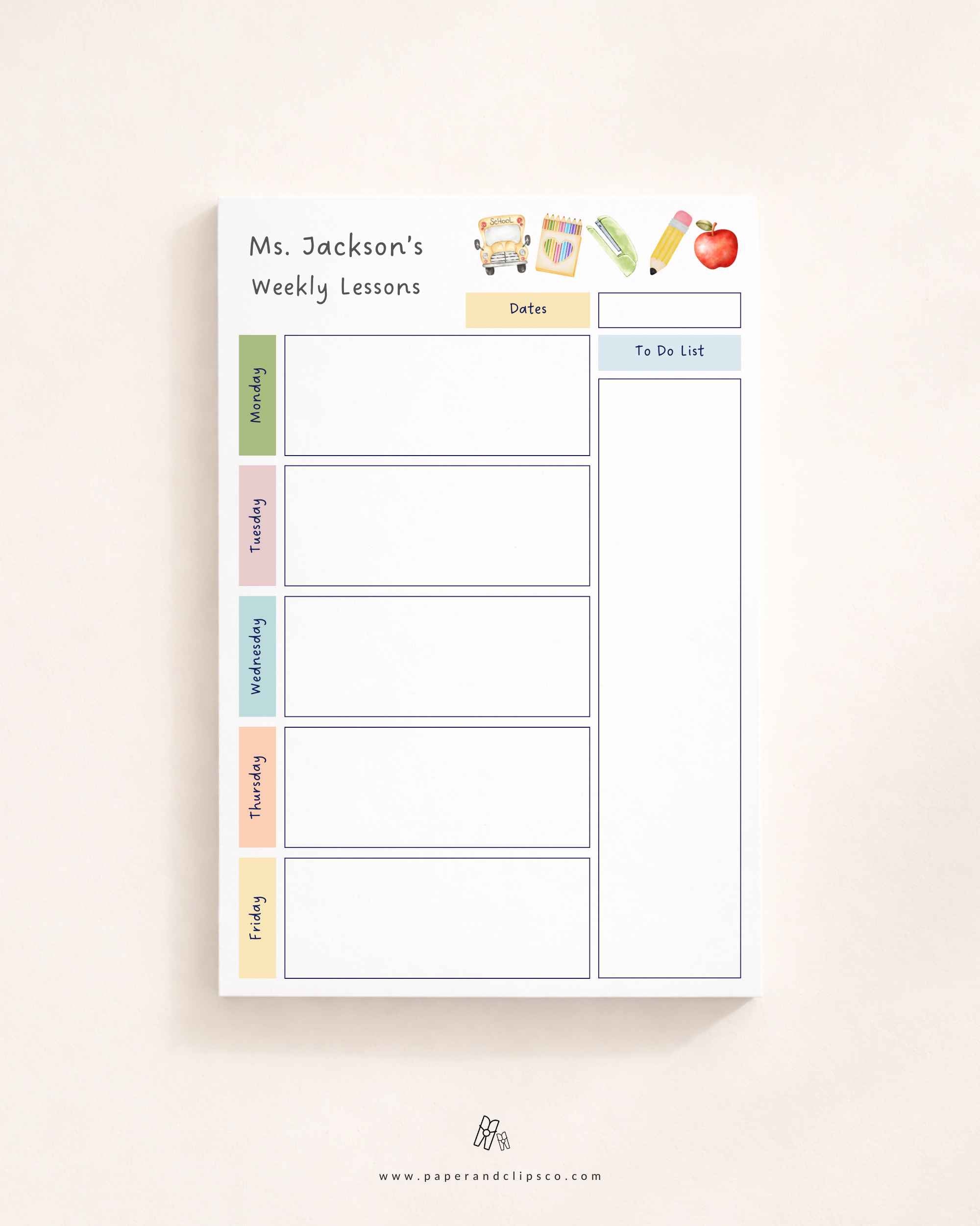 Personalized weekly teacher planner with Monday to Friday lesson planning sections and to-do list