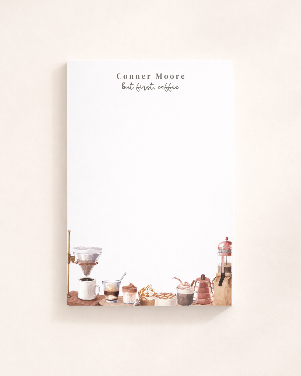 “But First, Coffee” coffee-themed notepad featuring illustrations of coffee drinks and brewing tools on a clean white background, ideal for coffee lovers, journaling, and gifts.