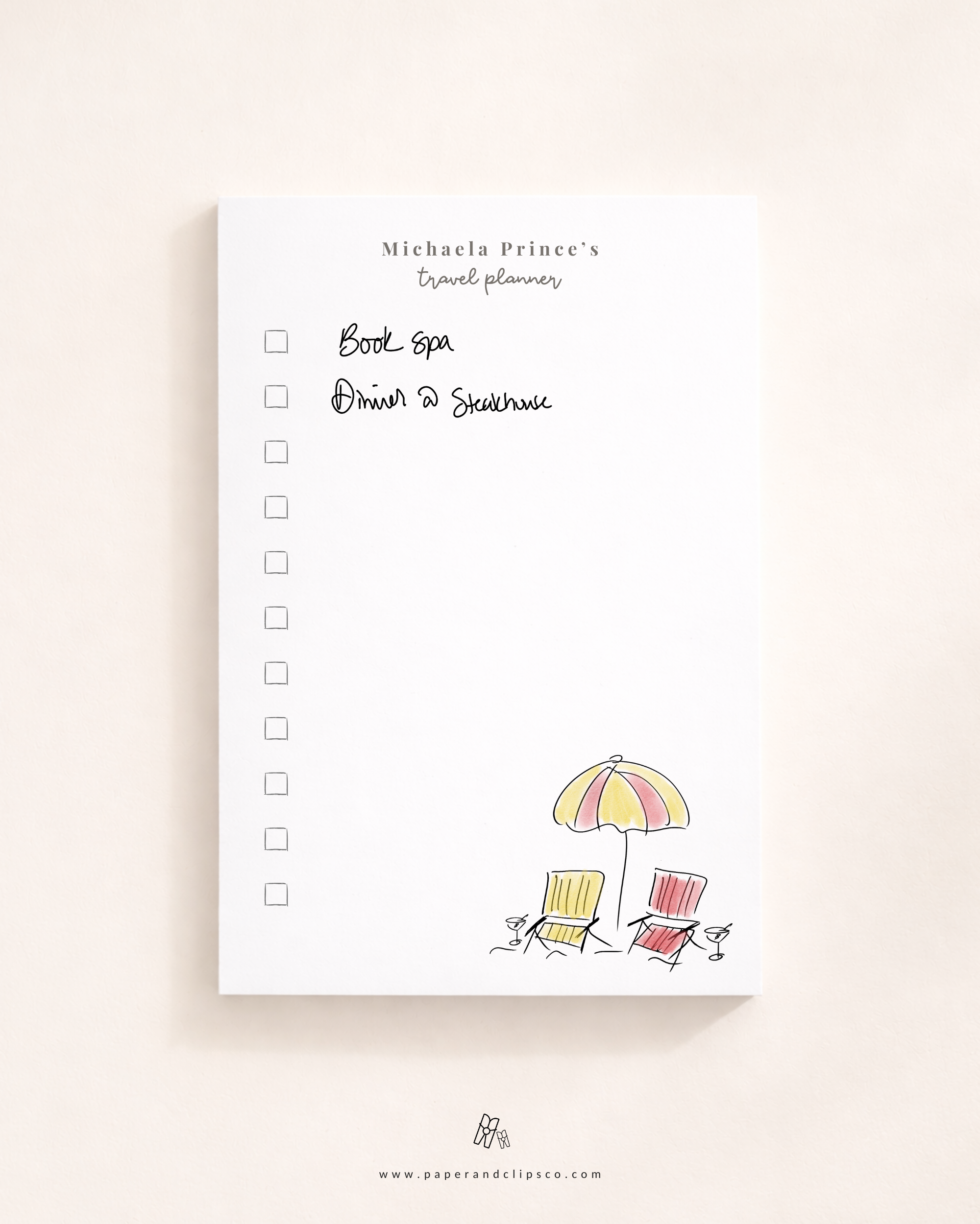 Personalized travel planner notepad with custom name, minimalist beach chair illustration, and checklist layout for vacation planning.
