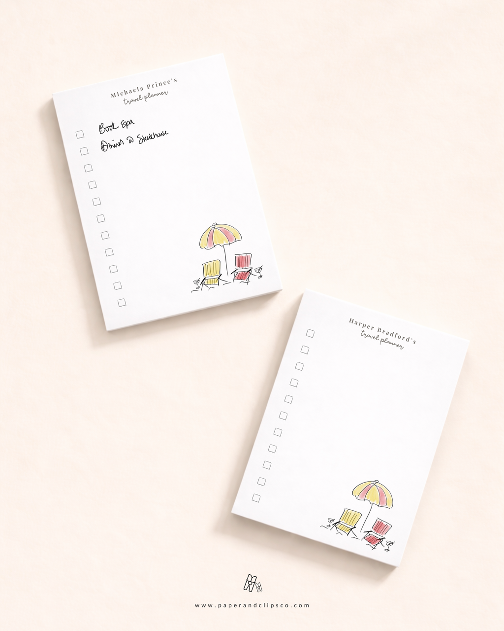 Personalized travel planner notepad with custom name, minimalist beach chair illustration, and checklist layout for vacation planning.