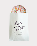 Personalized wedding party gifts bags with "LOVE is Sweet" minimalist writing. Thank your loved ones for celebrating a special day with you. Perfect for wedding favors, thank you gifts, handmade gifts, and more. Available in white grease-resistant bags - 6x6" and 6x9".