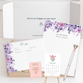 Custom floral stationery gift set featuring personalized 5.5x8.5 notepad, 12 floral recipe cards, mini desk calendar with easel, diamond pen and paper clip.