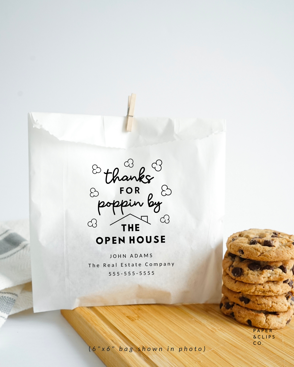 Thanks for Popping By The Open House Real Estate Marketing Popcorn Bags, Personalized bags for company branding
