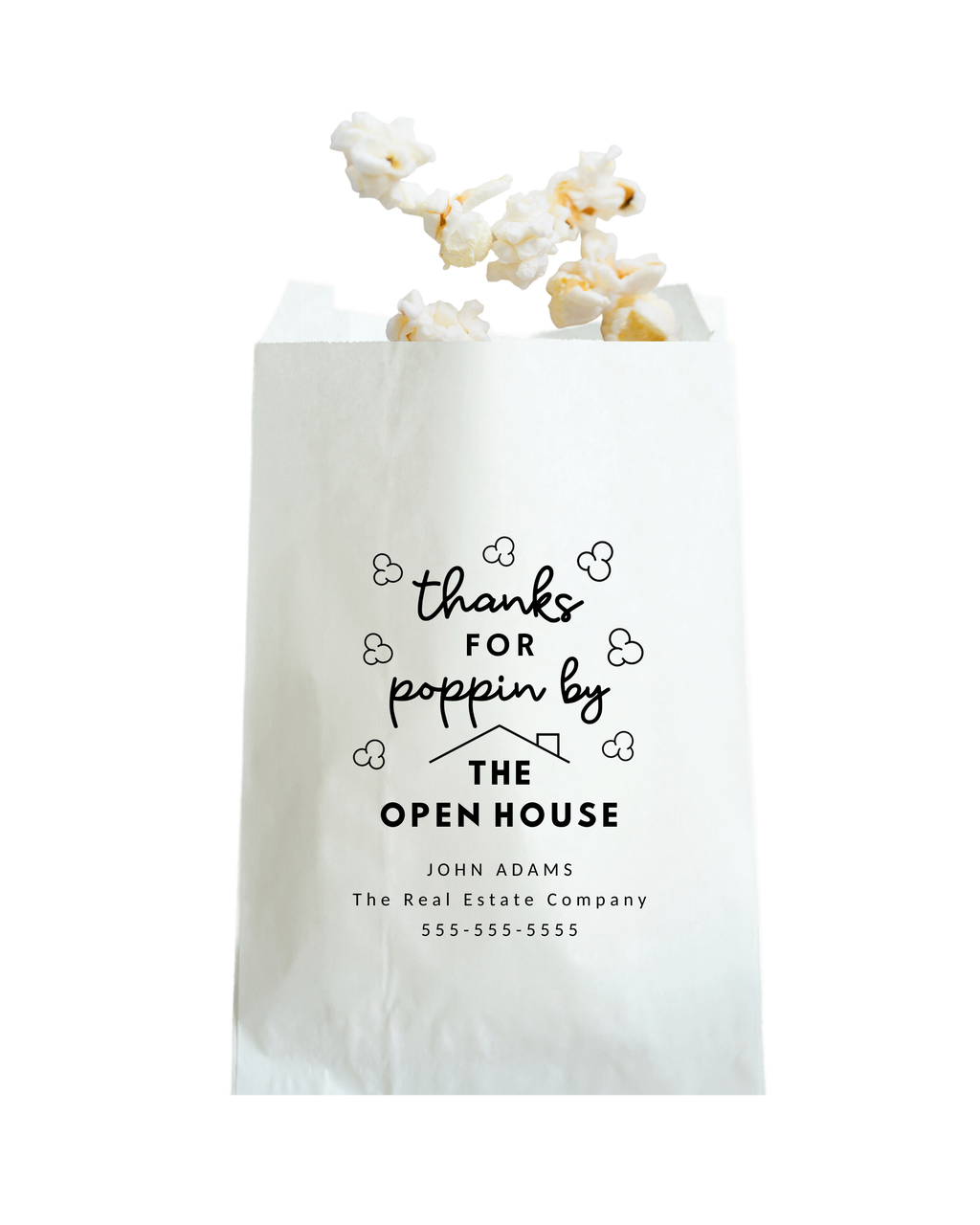 Thanks for Popping By The Open House Real Estate Marketing Popcorn Bags, Personalized bags for company branding