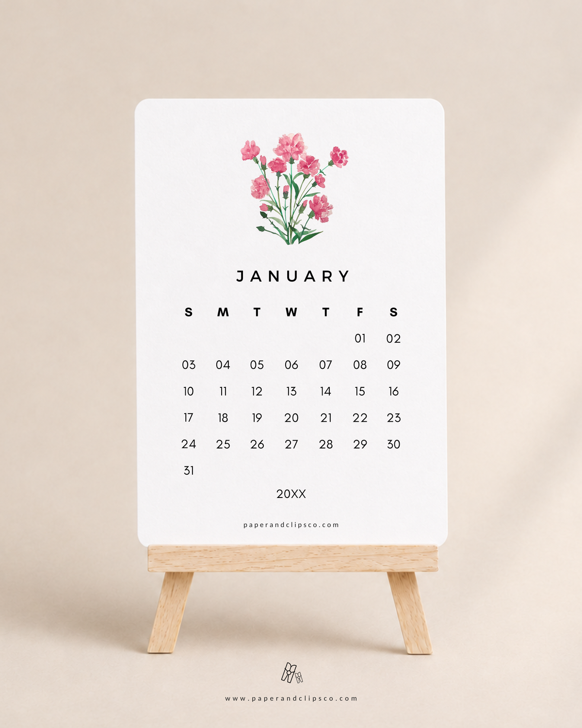 2027 floral desk calendar with wooden easel and watercolor flowers.